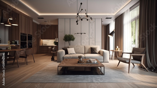 The stylish interior of the living room with luxury furniture, 3d render, a Modern home, a concept floor plan, and generative AI tools.
