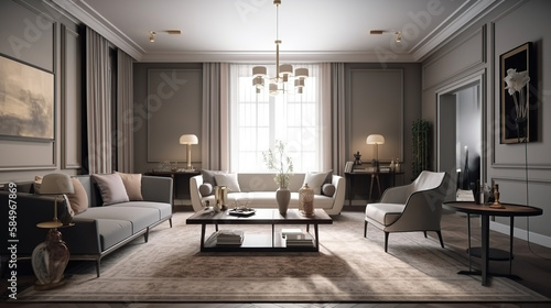 The stylish interior of the living room with luxury furniture, 3d render, a Modern home, a concept floor plan, and generative AI tools.