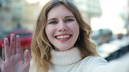 Wallpaper Mural Young blonde woman smiling confident having video call at street Torontodigital.ca