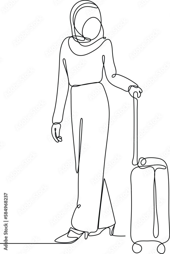 Continuous one-line drawing of a woman preparing to travel with a suitcase. Experiential in traveler concept. Single line drawing design graphic vector illustration Continuous one-line drawing of a woman preparing to travel with a suitcase. Experiential in traveler concept. Single line drawing design graphic vector illustration
