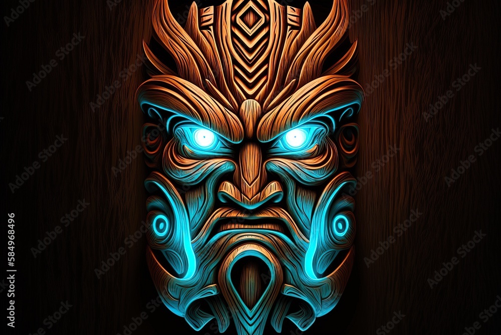 Φωτογραφία spirits and goddesses of the north A masked face, made of wood, with blue eyes t