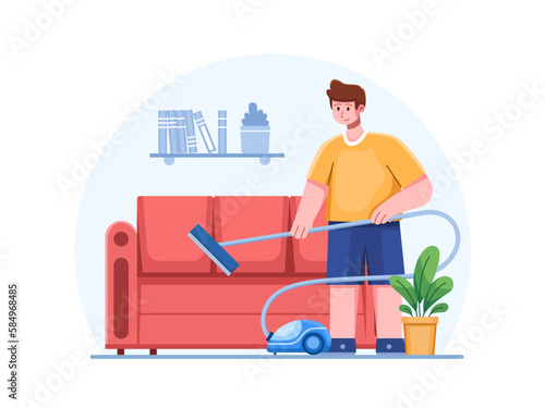 Illustration a person cleaning a sofa at home using a vacuum cleaner. The person is holding the vacuum cleaner and running it over the surface of the sofa to remove dust and debris. 