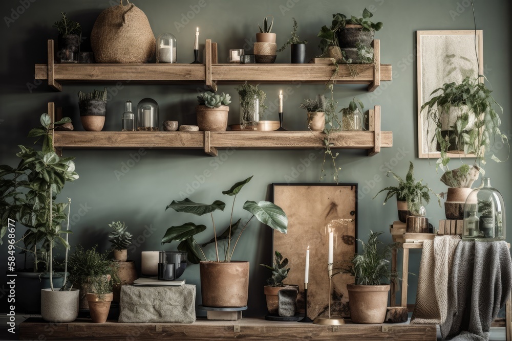 Wabi sabi shelf with modern house décor. Boho living room with wooden shelves, vase, green houseplants in pots, and candles. Generative AI