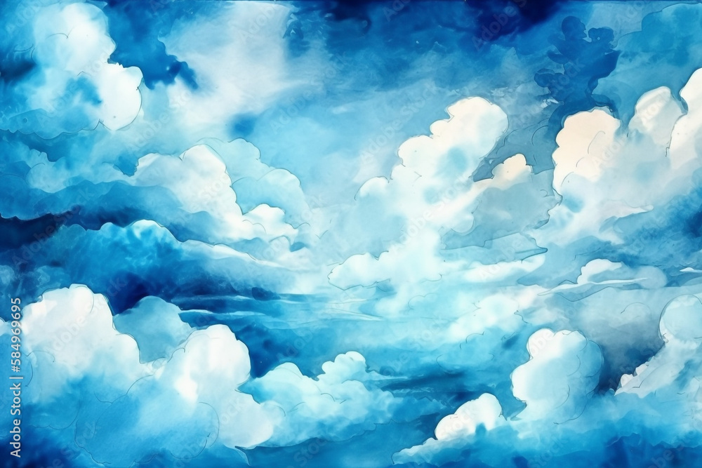 blue sky with clouds. watercolor, generative ai