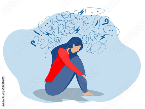 woman suffers from obsessive thoughts; headache; unresolved issues; psychological trauma; depression.Mental stress panic mind disorder illustration Flat vector illustration.