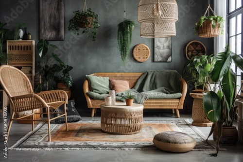 Bohemian apartment interior design with gray couch, rattan armchair, cube, plaid, cushions, tropical plants, macrame, and stylish accessories. Interior design. Template. Generative AI © AkuAku