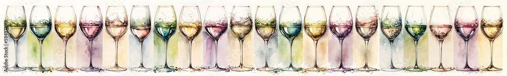 various wine glasses in a row, background banner for shops and marketing, wine bar, wine shop, wine tasting concept, watercolor illustration. Generative AI various wine glasses in a row, background banner for shops and marketing, wine bar, wine shop, wine tasting concept, watercolor illustration. Generative AI