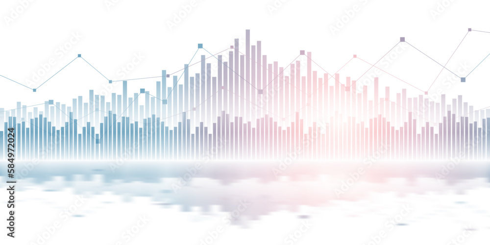 Widescreen abstract financial chart with line graph and glowing light on white color background