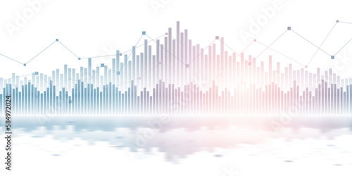 Widescreen abstract financial chart with line graph and glowing light on white color background