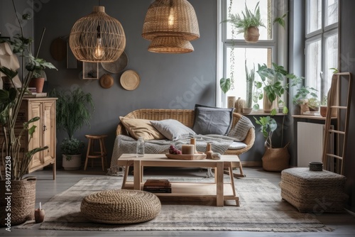 Ethnic living space with grey couch, multicolored wicker, straw lamp, seat, and attractive personal decorations. Grey concrete. Cozy flat. Furnishings. Generative AI