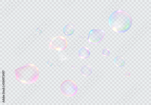 Set of realistic colorful soap bubbles. Transparent realistic soap bubbles isolated on transparent background.