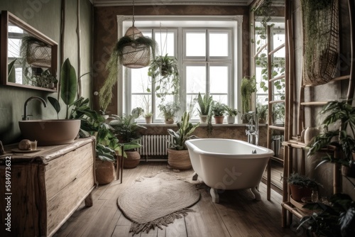 Home sanctuary. Charming urban jungle bathroom with white freestanding tub  exotic plants  natural wood and wicker furniture. Modern hotel bathroom. Generative AI