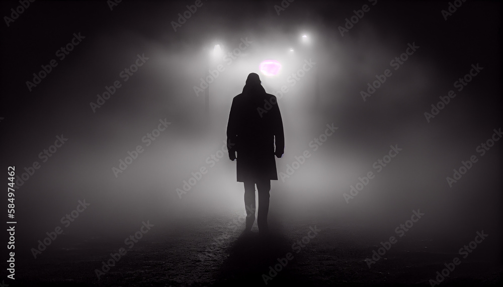 Dark silhouette standing in fog walking alone outdoors generated by AI Dark silhouette standing in fog walking alone outdoors generated by AI