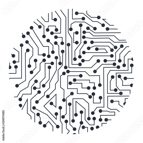Round drawing of an electronic microcircuit. Background for digital technologies. Vector linear illustration isolated on white.