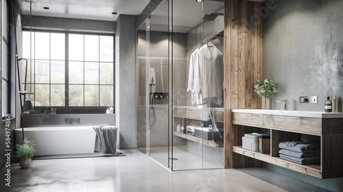 Contemporary Elegance - 3D Render of a Modern Loft Bathroom with Polished Concrete Walls  White Marble Vanity Counter  and Reeded Glass Shower Partition for Interior Design Background