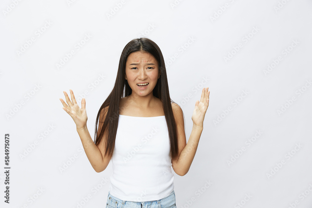 Asian woman facial skin problems, acne and inflammation, red rashes and allergies, chicken pox, sadness from rashes. Facial skin care concept for diseases and nerves Asian woman facial skin problems, acne and inflammation, red rashes and allergies, chicken pox, sadness from rashes. Facial skin care concept for diseases and nerves