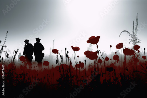 Silhouetted ANZAC Soldiers Among Red Poppies in the Mist. Generative AI