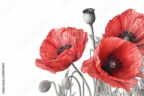 Poppies pencil illustration on a white background for ANZAC day. Generative AI
