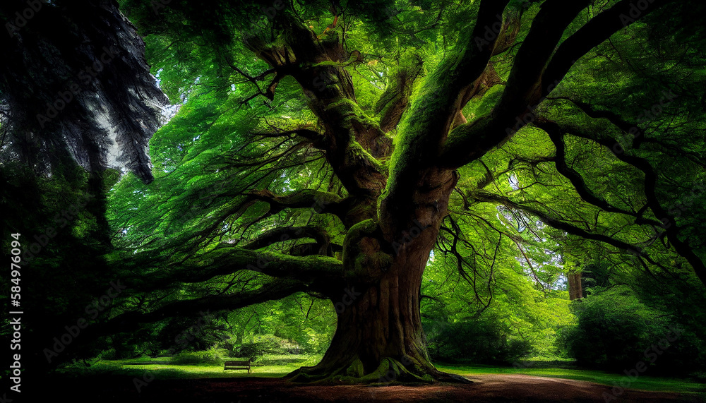 Obraz premium Tree branches and leaves glow in sunlight outdoors generated by AI