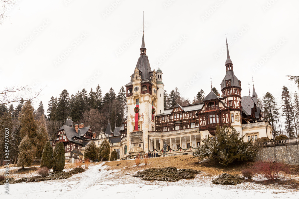 Fototapeta premium Beautiful view of peles castle in Sinaia, Romania. Mediaval castle