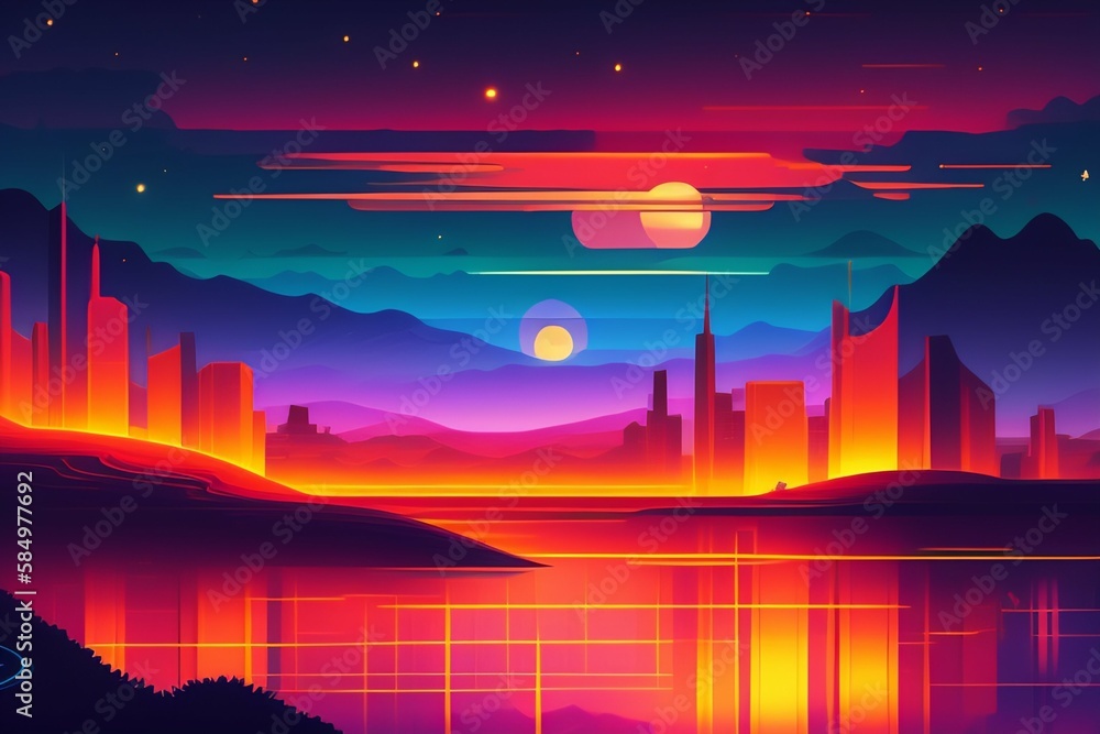 Panorama of the night modern metropolis in urban style. Sunset over the city, reflection of buildings in the river. AI generation