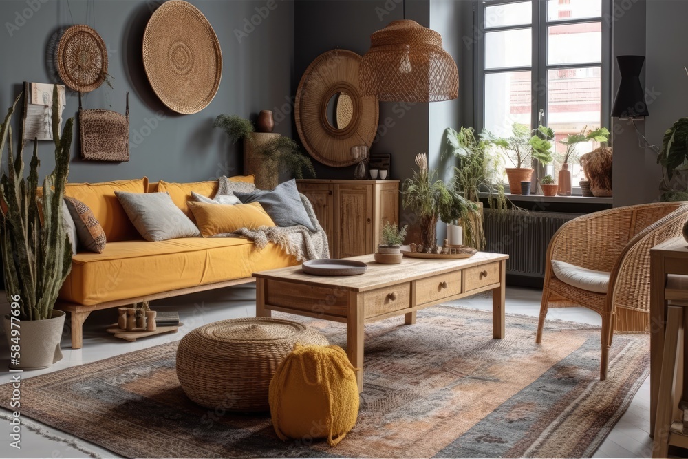 Ethnic living room design with colorful baskets, rattan sideboard, and exquisite decorations. Grey concrete. Cozy flat. Furnishings. Generative AI