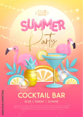 Summer cocktail disco party typography poster with 3D plastic text  flamingo  cocktail and tropic leaves. Vector illustration