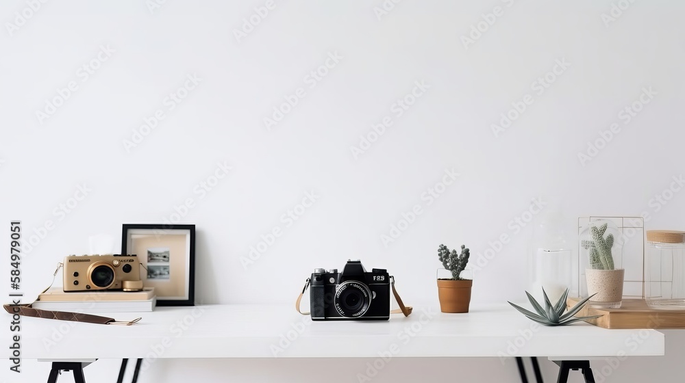 Cropped shot of minimal workspace with camera, decorations and copy space on white table with white wall. generative ai Cropped shot of minimal workspace with camera, decorations and copy space on white table with white wall. generative ai