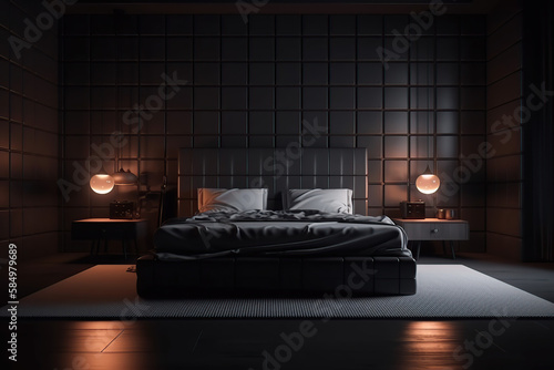 Luxury-style bedroom interior with a master bed in the home and hotels, 3d render, generative AI. © MrNobody