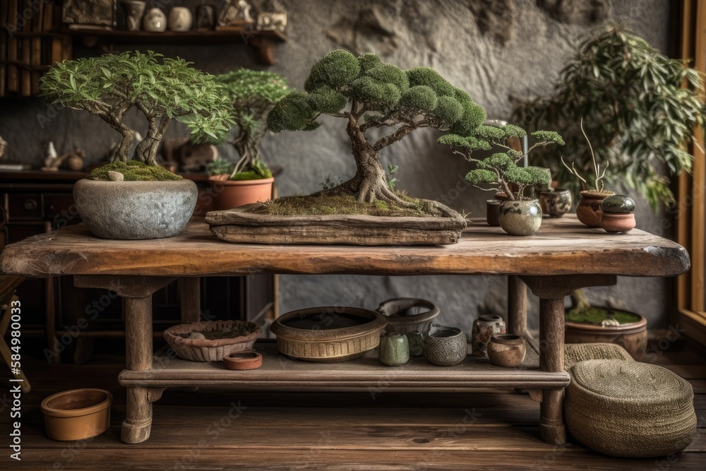 Antique wooden table shelf with pebble and planted pine bonsai, green leaves, over bohemian living room with rattan furniture, country interior design, zen clean architectural idea,. Generative AI Antique wooden table shelf with pebble and planted pine bonsai, green leaves, over bohemian living room with rattan furniture, country interior design, zen clean architectural idea,. Generative AI