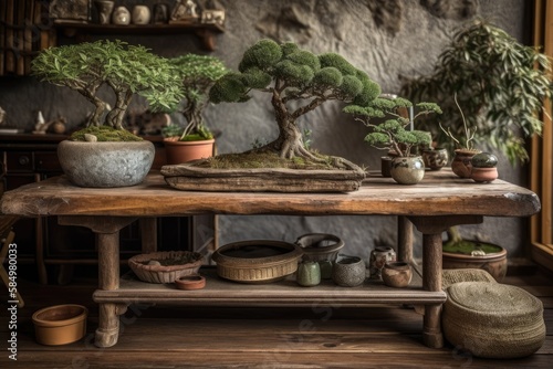 Antique wooden table shelf with pebble and planted pine bonsai  green leaves  over bohemian living room with rattan furniture  country interior design  zen clean architectural idea . Generative AI