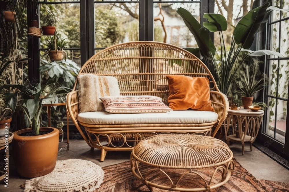Fototapeta premium Boho patio rattan couch with cushion. Generative AI