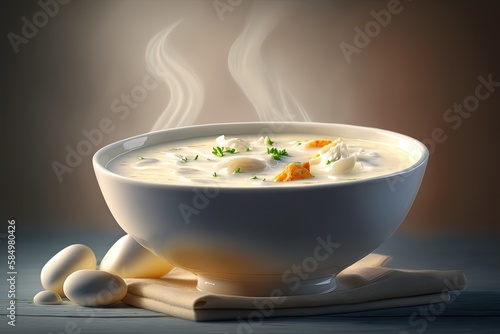 High-Key Style: A shot of a bowl of creamy, white clam chowder, with the background blown out to emphasize the dish. Generative AI