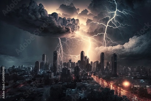 A dramatic thunderstorm over a city. Generative AI