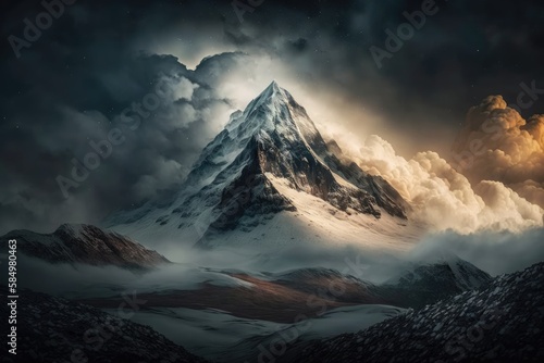 A mountain peak shrouded in clouds. Generative AI
