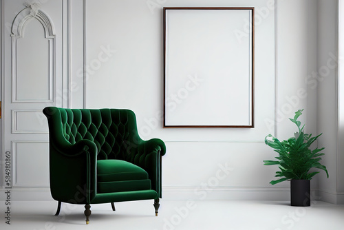 Living room wall mockup with green velvet armchair on a blank white interior background. Generative Ai