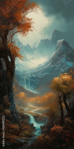 landscape in the mountains  autumn  warm colors  illustration  generative AI