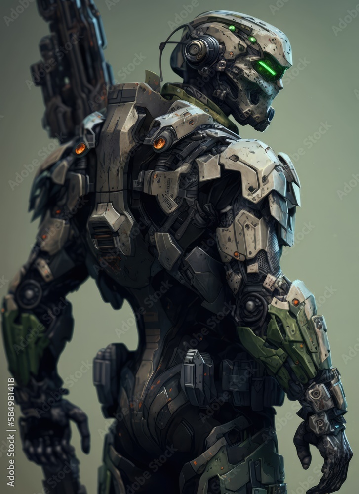 Fototapeta premium robot warrior soldier in a super high detail uniform, generative AI