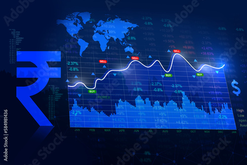 Indian rupee background concept. stock market, sales growth concept illustration, graph, world map, rupee icon