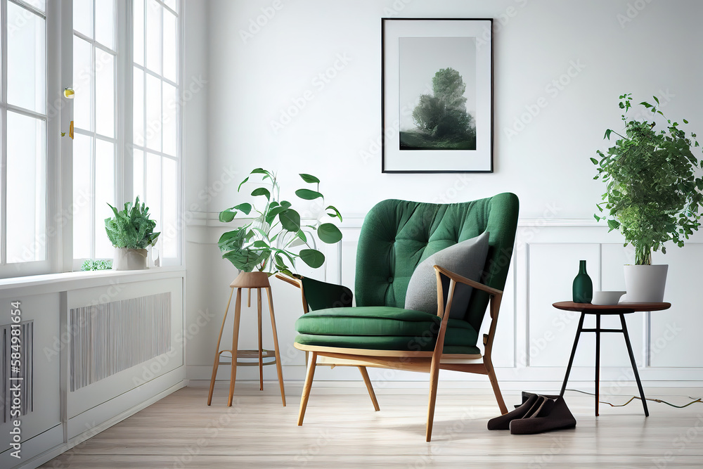 Living room with green armchair on empty dark white wall background. Generative Ai Living room with green armchair on empty dark white wall background. Generative Ai