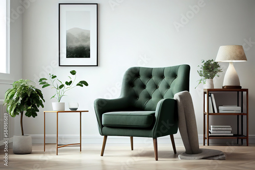 Living room with green armchair on empty dark white wall background. Generative Ai © Mukhlesur