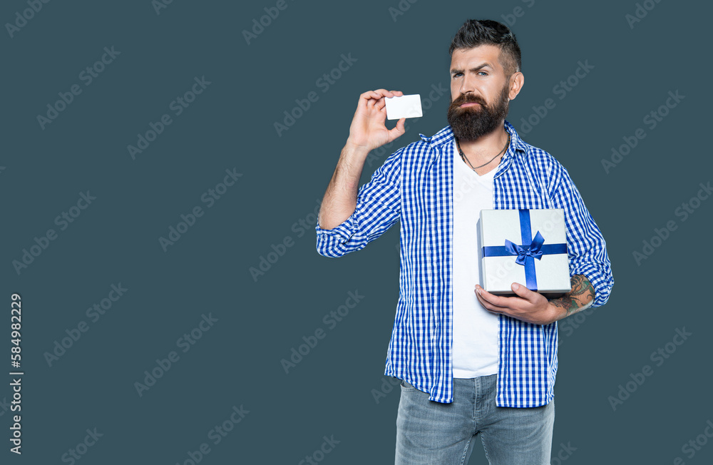 mature bearded guy with gift box and card mature bearded guy with gift box and card