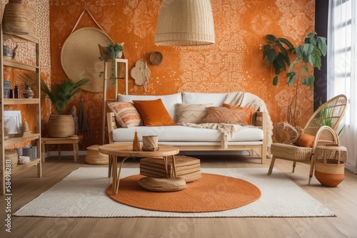 Boho style parquet and wallpaper living room. White and orange sofa, jute mat, rattan armchair, and table. Bohemian decor,. Generative AI