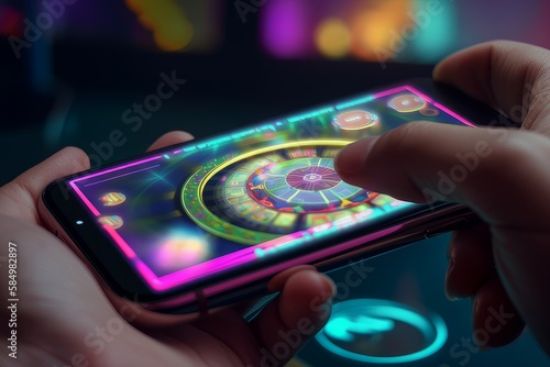 Illustration for online casino, pokies, gambling industry. Banner for App, mobile, desktop, tablet. Casino market, developers, concept. AI image	