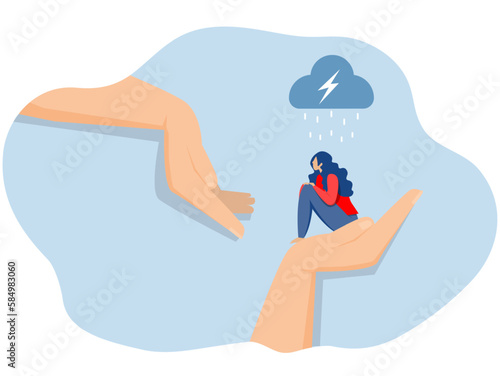 psychological support concept Young woman character sitting on palm psychotherapy help and support counseling session about unhappy vector illustration