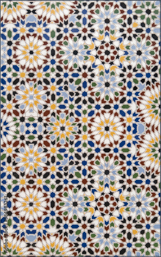 Moroccan Style Tile. Photograph of a tile that was screen printed. Artefacts of that process have been left intact but the rest has been restored. Contains a grey outline to simulate grout.