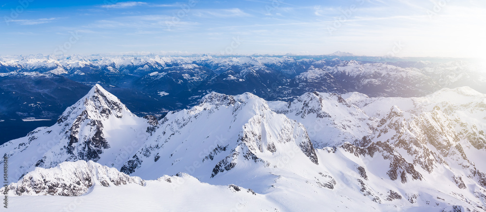 Obraz premium Aerial Panoramic View of Canadian Mountain Landscape. Squamish, British Columbia, Canada. Nature Background Panorama. Sunset Sky Art Render