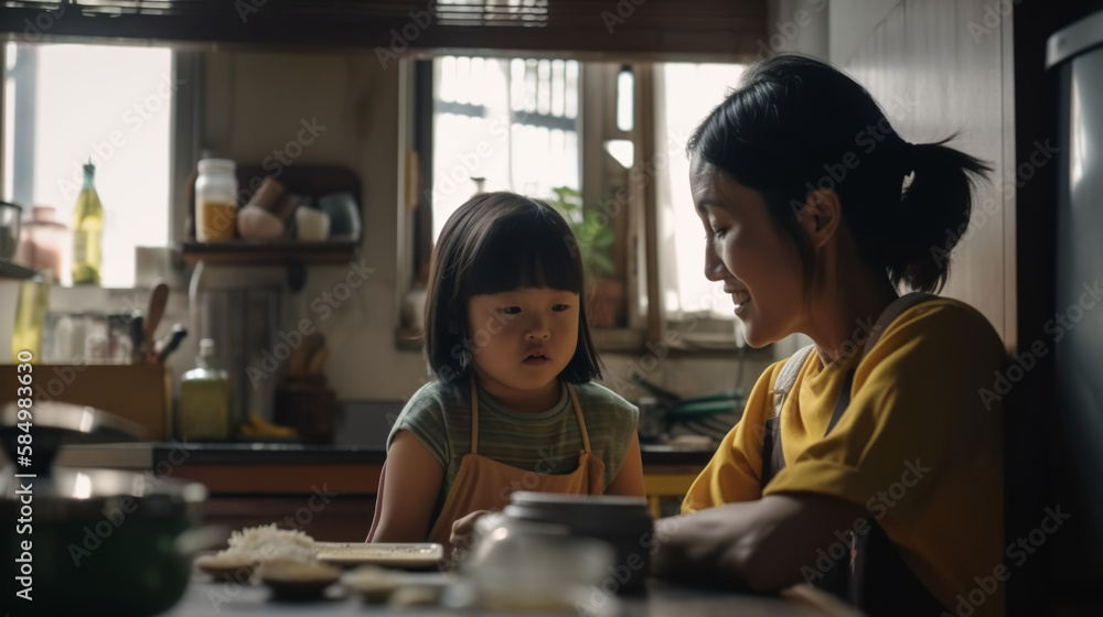 Asian Mother and dauther spending time together in the kitchen, Generative AI Asian Mother and dauther spending time together in the kitchen, Generative AI