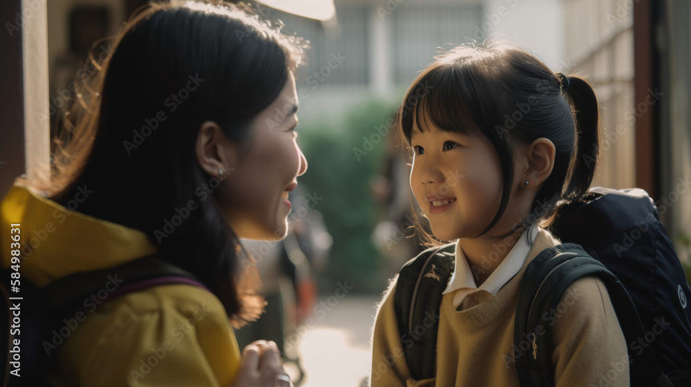 Mother dropping her smiling daughter off at school, Generative AI Mother dropping her smiling daughter off at school, Generative AI