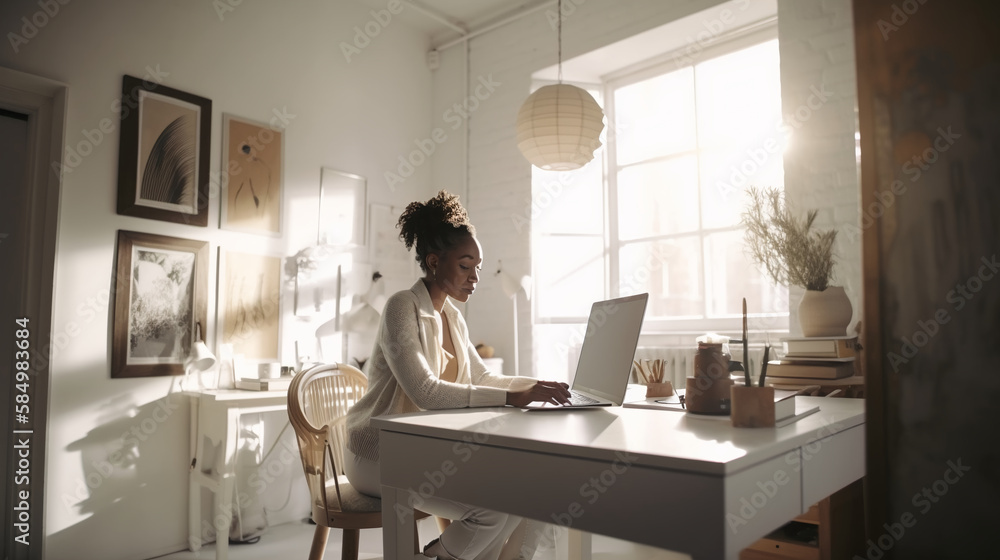 Afro woman entrepeneur working from home, Generative AI Afro woman entrepeneur working from home, Generative AI